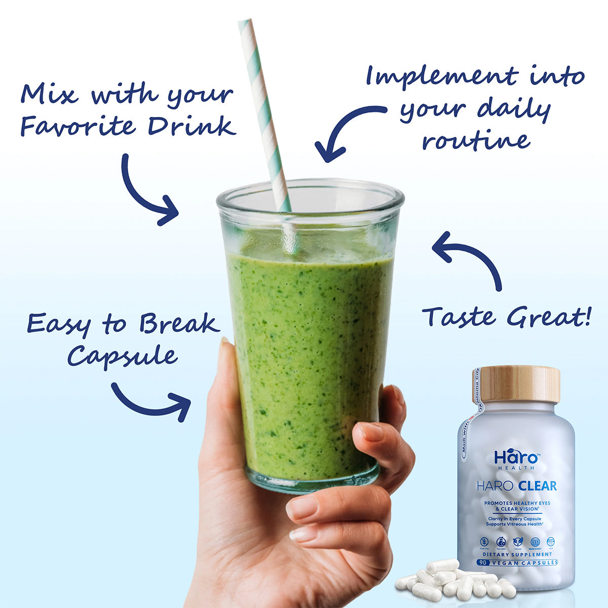 A hand holds a glass of green smoothie with a blue and white striped straw. Text suggests mixing it for eye health benefits, daily use for AREDS 2 nutrients, easy capsule breakage, and good taste. A bottle of Haro Healths Haro Clear Eye Floaters and Vitreous Health Formula (90ct) is shown in the bottom right corner.