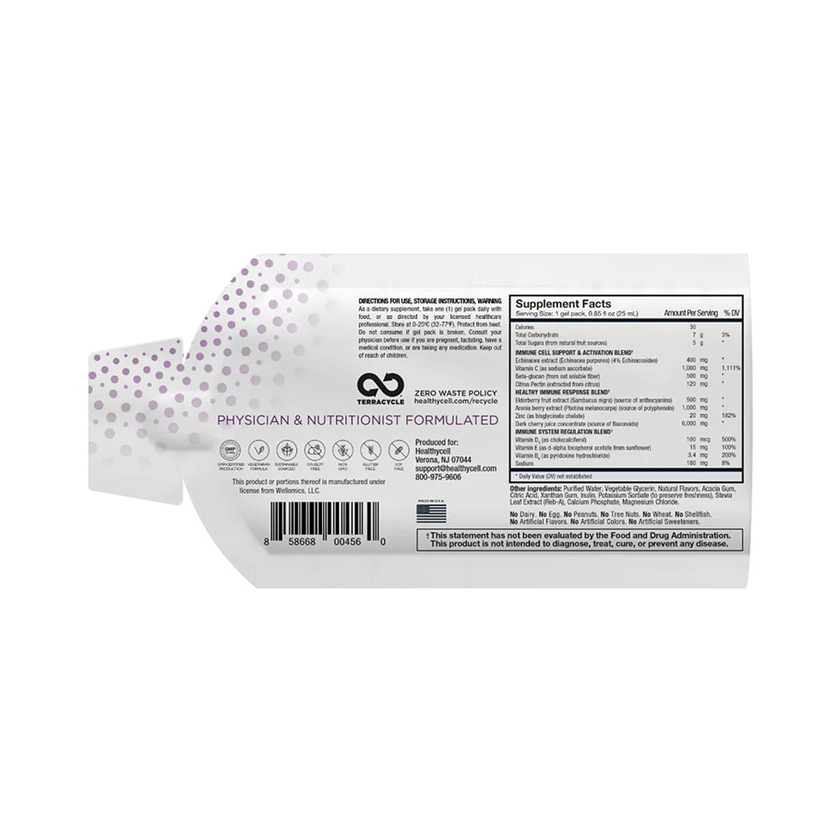 The HealthyCell Immune Support Boost Gel Packs feature a white packet with purple dots, highlighting Physician & Nutritionist Formulated and a Zero Waste Policy. Includes supplement facts, recycling symbols, and Echinacea to naturally support your immune system. Contains 30 packs.