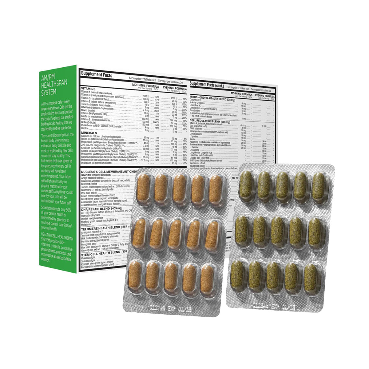 The HealthyCell AM PM Healthspan Vitamins (30-day supply) box is behind two blister packs of brown and green capsules, designed by HealthyCell to support cell health with detailed supplement facts and ingredient information provided.