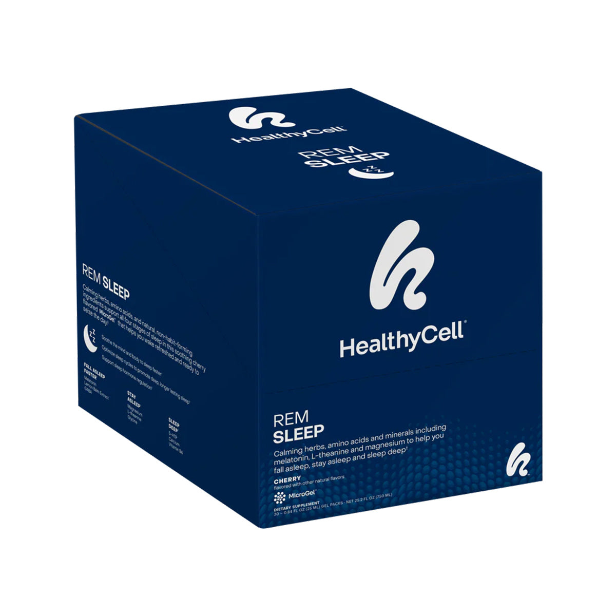 Blue box of HealthyCell REM Sleep Supplement and Sleep Aid (30 Gel Packs), showcasing the brand logo and details about its blend of calming herbs, amino acids, and minerals designed to enhance REM sleep cycles for better sleep quality.