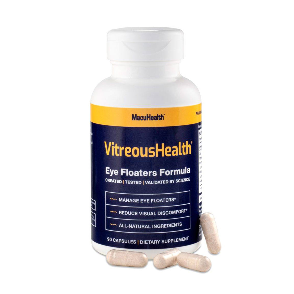 A 90-capsule bottle of VitreousHealth by MacuHealth - Eye Floaters Formula claims to manage eye floaters, reduce visual discomfort, and combat oxidative stress using all-natural ingredients.
