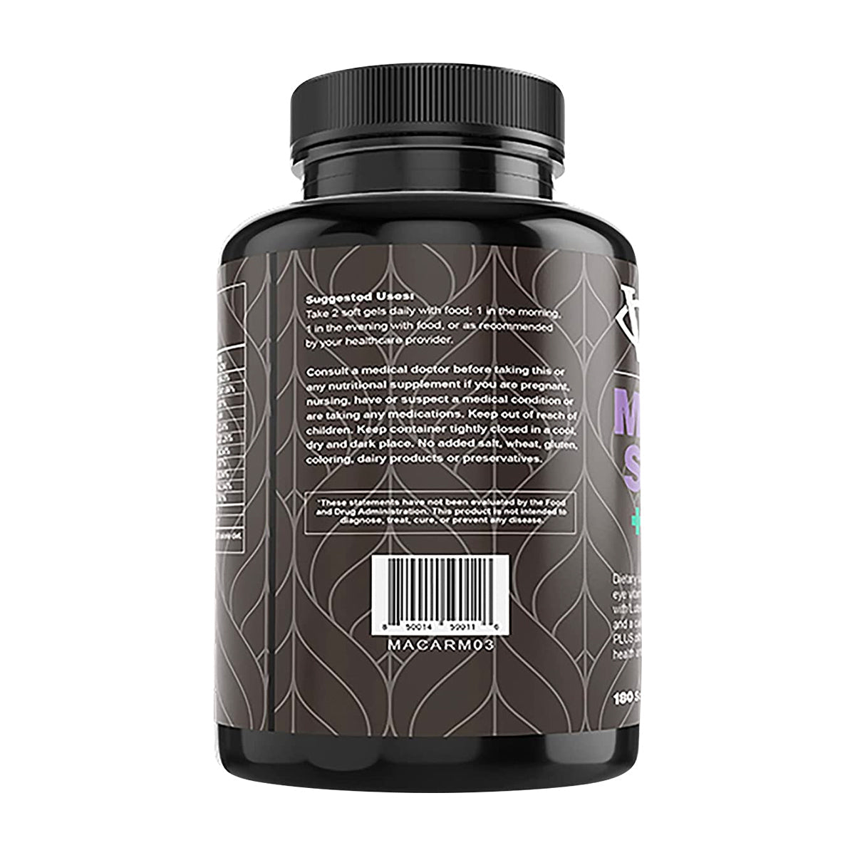 The black bottle labeled with Visual Advantage Macular Support + Multivitamin AREDS 2 by Lunovus, highlighted for its macular support formula, features suggested use instructions and a barcode. Its light gray patterned design encases beneficial capsules.