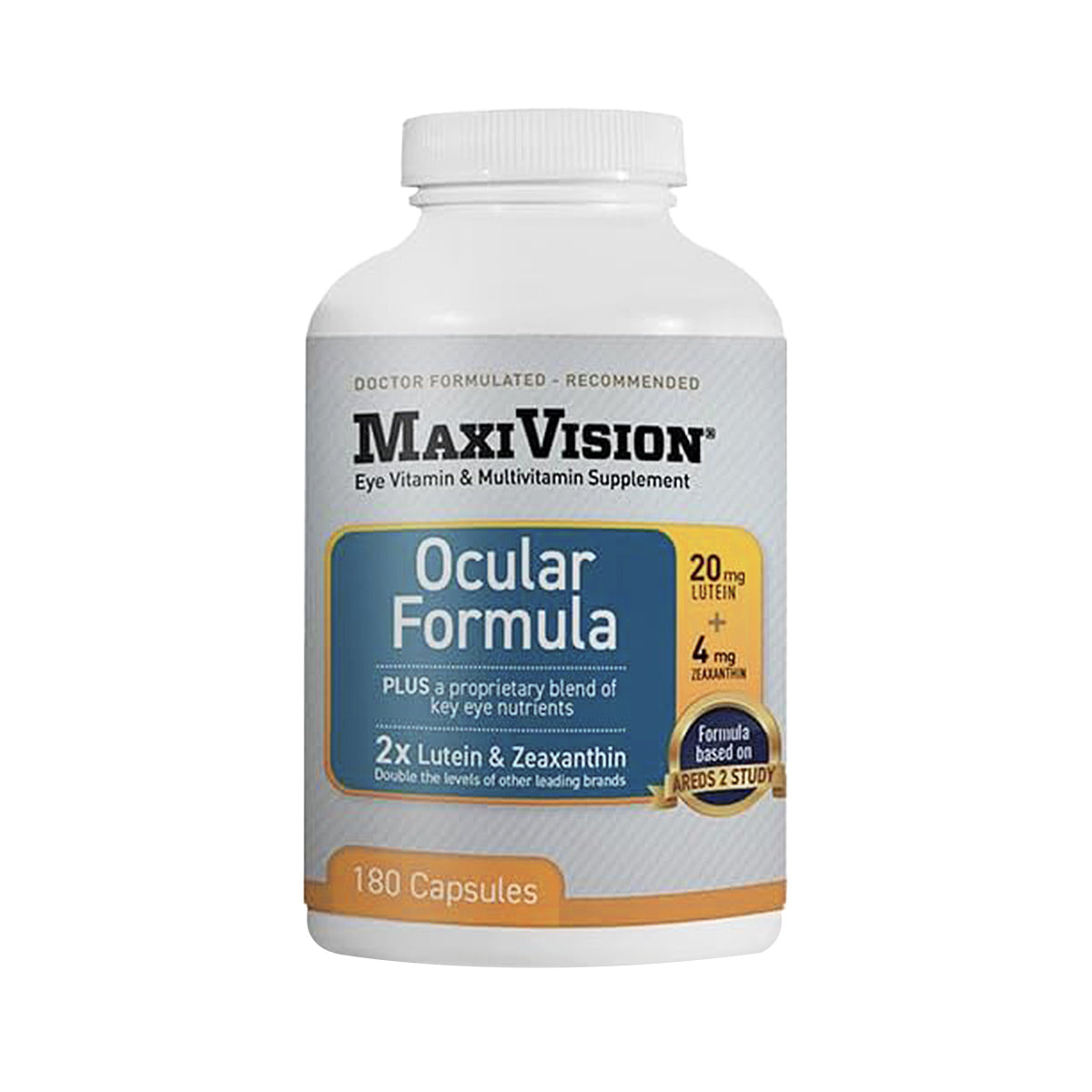 A white bottle of Lunovus MaxiVision Ocular Formula contains 180 capsules for eye health, enriched with 20 mg Lutein and 4 mg Zeaxanthin. Inspired by the AREDS 2 study, this multivitamin supports vision effectively.