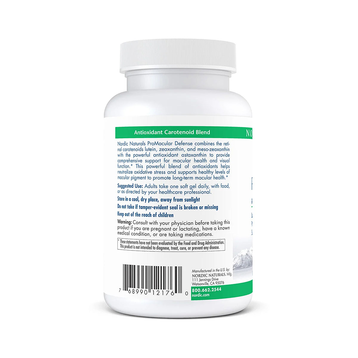 A white plastic bottle labeled with instructions and warnings for Nordic Naturals ProMacular Defense, an antioxidant carotenoid blend supplement with lutein and zeaxanthin for eye health, stands upright on a white background.