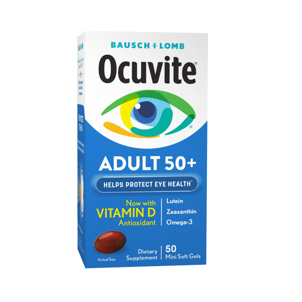 Image of Bausch + Lomb Ocuvite Eye Vitamin & Mineral Supplement box. Highlights eye health benefits with zinc, vitamins C & E, omega-3, lutein, and zeaxanthin. Contains 90 softgels with an eye illustration on the front.