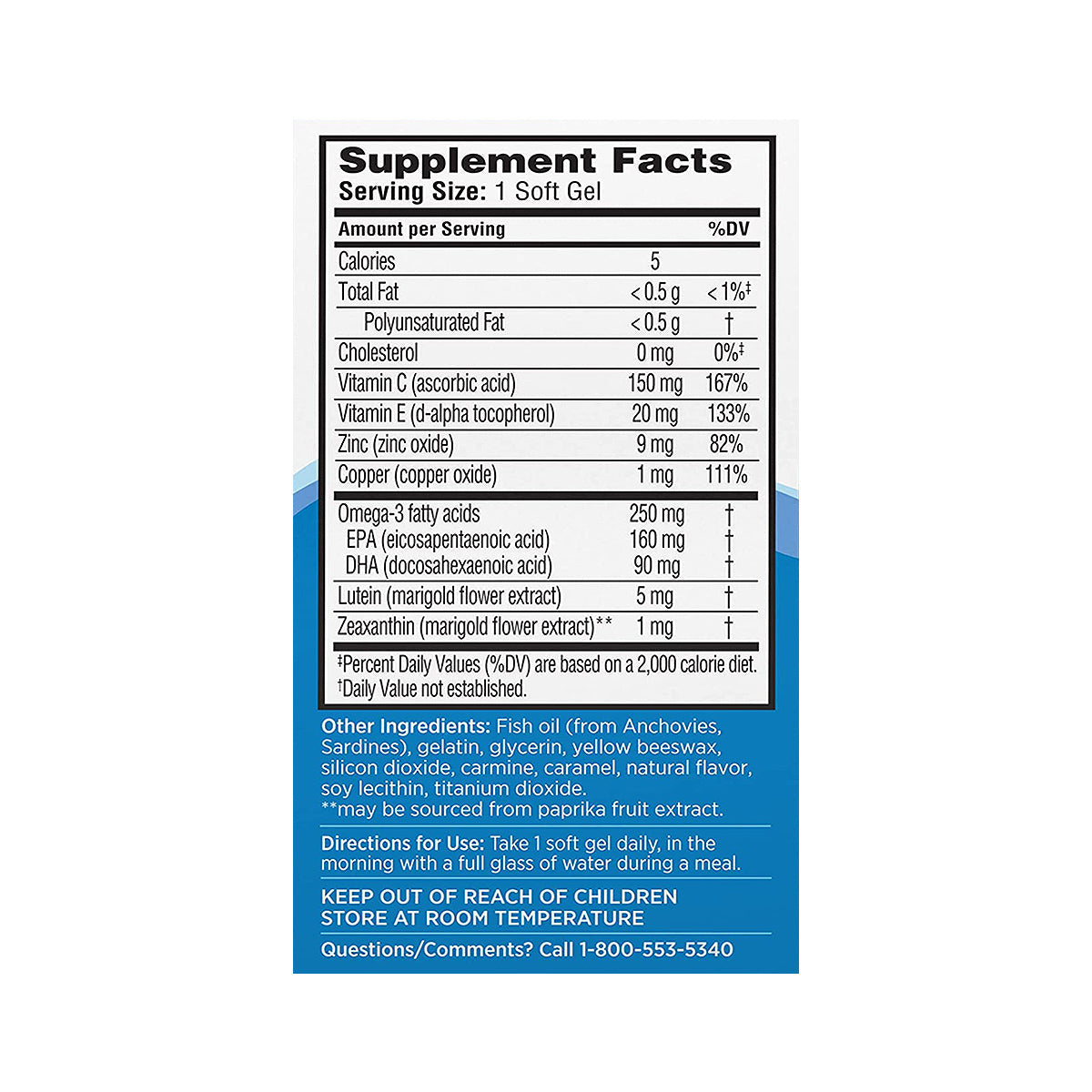 Image of Bausch + Lombs Ocuvite Eye Vitamin & Mineral Supplement label, highlighting vitamin C, E, omega-3, lutein, and zeaxanthin for eye health. Contains zinc; allergens: fish and soy. Includes contact info; keep out of childrens reach. 90 softgels per bottle.