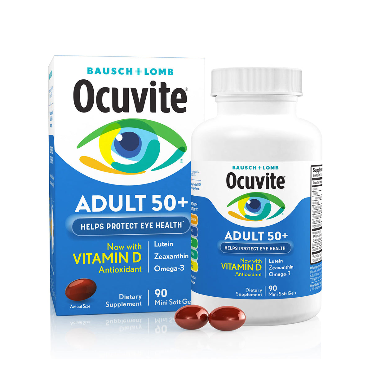 Image of Bausch + Lomb Ocuvite Eye Vitamin & Mineral Supplement for adults 50+. Packaging and bottle display a colorful eye design, highlighting benefits with Zinc, Vitamins C, E, Omega-3, Lutein, and Zeaxanthin. Contains 90 oval reddish softgels.