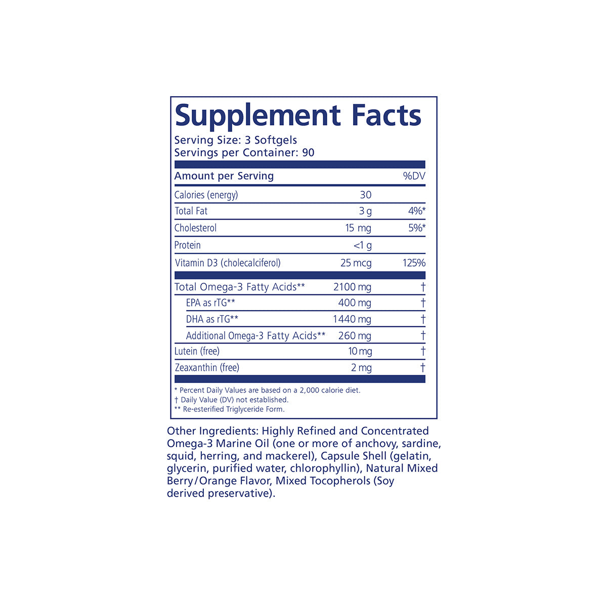 The supplement facts label for PRN numaqula Omega-3 by PRN, a high-dose omega supplement for macula and retina support, lists serving size, calories, fat, cholesterol, vitamin D3, omega-3 fatty acids EPA and DHA plus other omega-3s. Ingredients include gelatin and natural mixed tocopherols.
