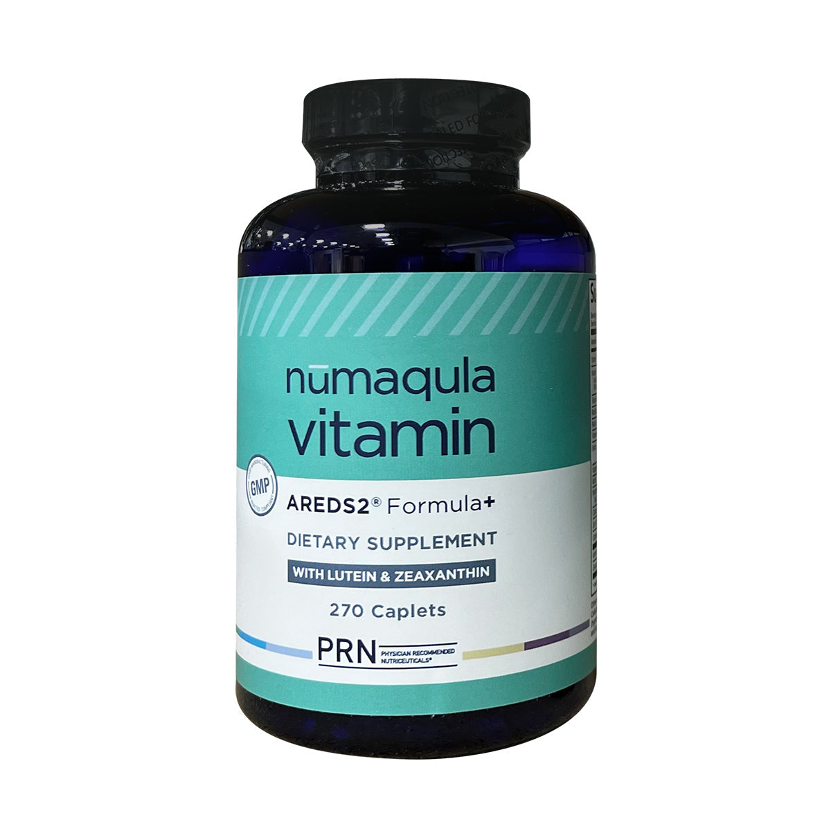 A 270-count bottle of PRN nūmaqula Vitamin offers advanced macular support with an AREDS2-based formula, enhanced with lutein and zeaxanthin. Featuring a turquoise and white label design, this B-complex supplement from Physician Recommended Nutriceuticals supports ocular health.