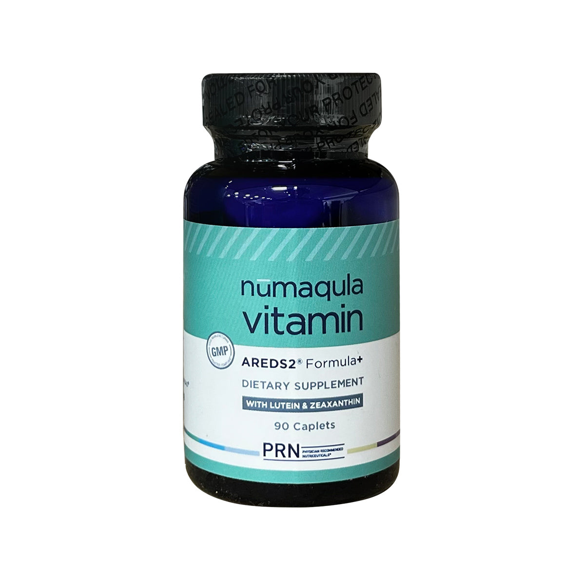 A blue bottle with a teal and white label reads PRN nūmaqula Vitamin - AREDS2 Based Formula with Unique Enhancements - for Advanced Macular Support, 90ct. Designed for ocular health, it proudly features a GMP seal.