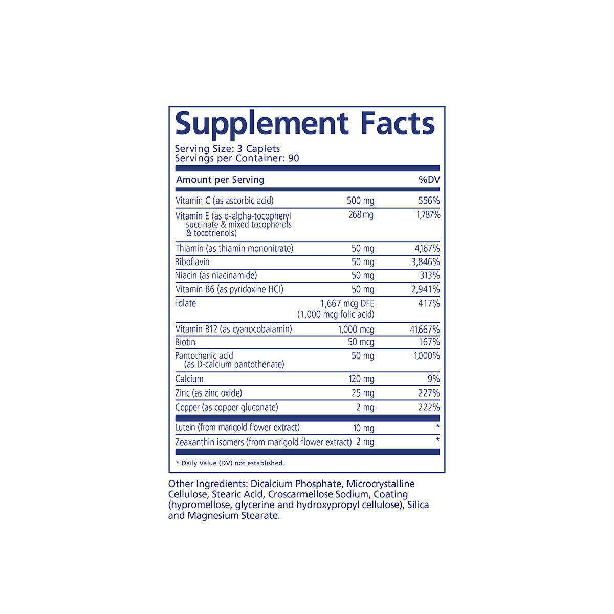An image of PRN nūmaqula Vitamin by Physician Recommended Nutriceuticals shows a supplement facts label listing AREDS2 essentials like vitamins C, E, B6, B12, calcium, zinc, and lutein with amounts and daily value percentages; other ingredients are detailed below.
