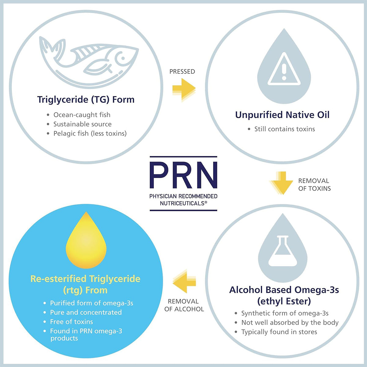 Diagram for omega-3 forms in eye health: Top-left fish labeled Triglyceride (TG) Form, top-right water drop as Unpurified Native Oil, bottom-left has Re-esterified Triglyceride (rtg) Form, bottom-right tube shows Alcohol Based Omega-3s (Ethyl Ester). Central PRN DE3 logo from PRN - Physician Recommended Nutriceuticals.