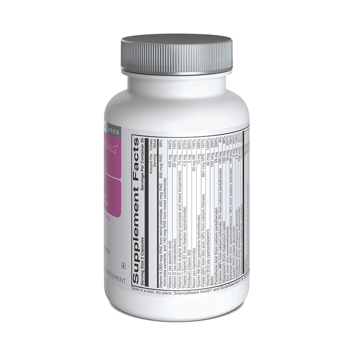 A white Ocular Essentials Whole Body Formula bottle by ScienceBased Health, featuring a gray cap, sits on a gray surface. The label has a purple section suggesting benefits like antioxidants for eye health, indicating it might be an Ocular Essentials product.
