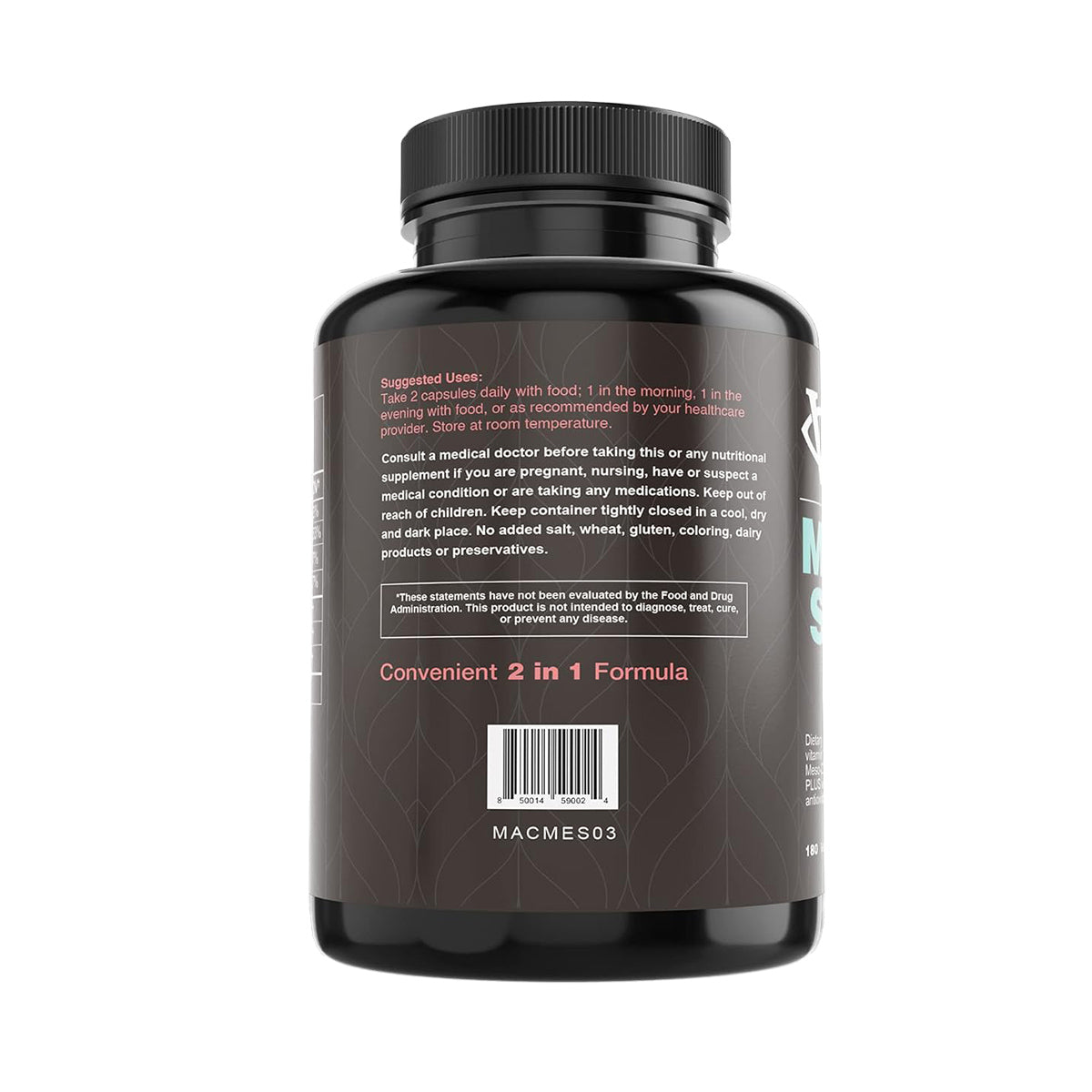A sleek black bottle of Lunovus Visual Advantage Macular Support + Meso Z features a label with suggested uses, warnings, and storage instructions. It highlights a Convenient 2 in 1 Formula designed for Blue Light Protection and Macular Support.