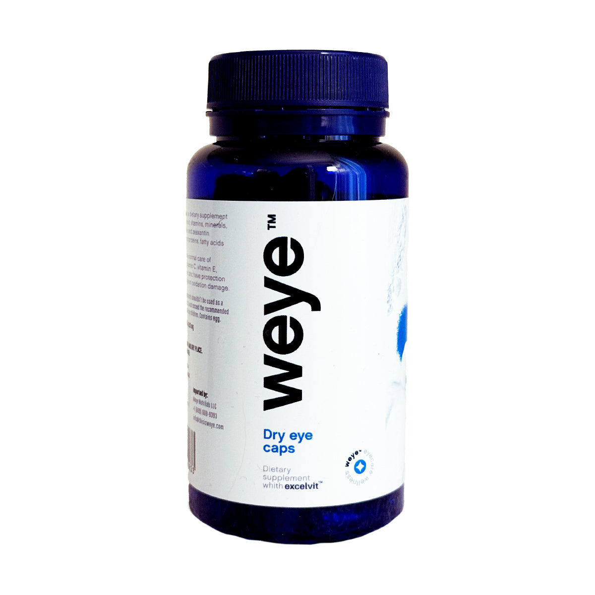 The product is a blue Weye bottle featuring Dry Eye Vitamins with Excelvit®. Its a dietary supplement containing Omega-3, Lutein, Vitamin D3, and Zinc to support hydration, tear production, and eye protection. The label has small text and a subtle graphic design, ideal for dry eye relief.