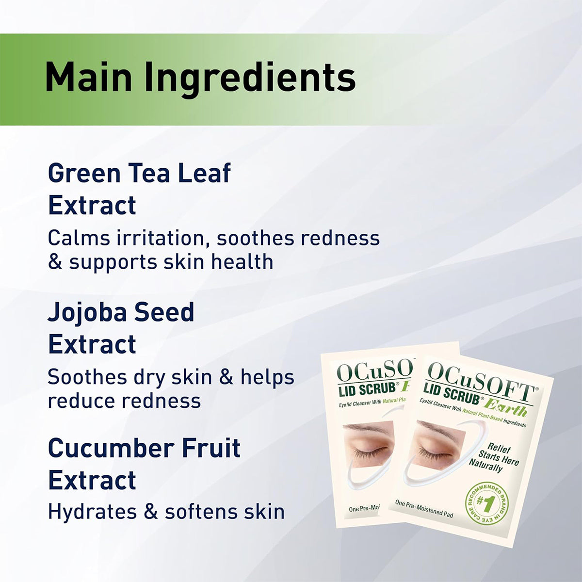 A graphic titled Main Ingredients showcases Green Tea Leaf Extract for skin health, Jojoba Seed Extract for soothing dry skin, and Cucumber Fruit Extract for hydration, alongside an image of two OCuSOFT Lid Scrub Earth Eyelid Cleanser boxes (30ct) as the perfect natural eyelid hygiene solution.