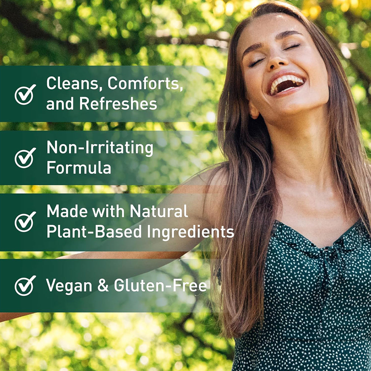 In a lush green setting, a joyful woman with long hair stretches her arms wide. Overlay text: Cleans, Comforts, and Refreshes; Non-Irritating Formula for Irritated Eyes; Made with Natural Plant-Based Ingredients; Vegan & Gluten-Free. Experience gentle care with OCuSOFT Lid Scrub Earth Eyelid Cleanser (30ct).