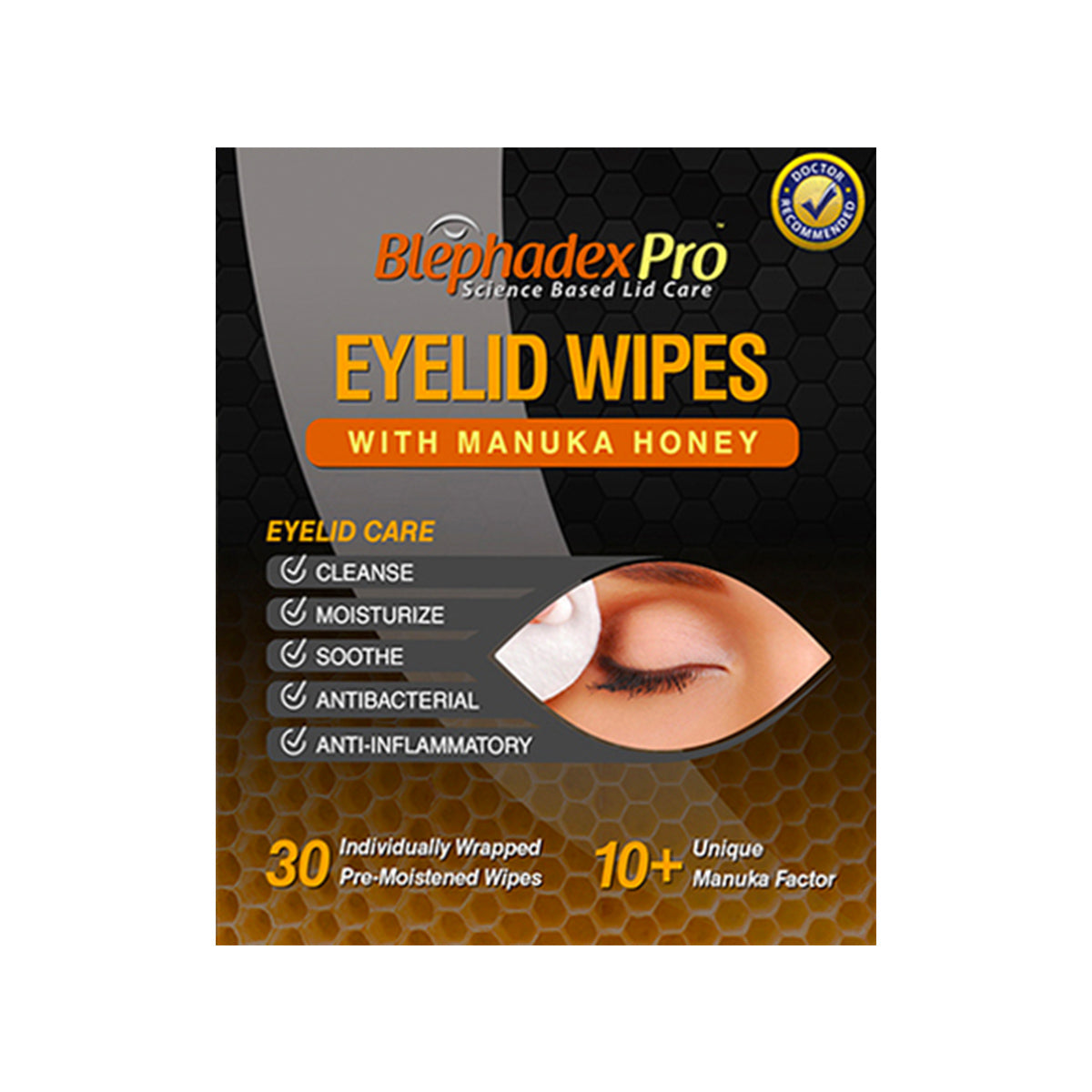 The packaging for Lunovus Blephadex Pro Eyelid Wipes with Manuka Honey highlights their cleansing, moisturizing, and soothing features alongside antibacterial and anti-inflammatory benefits. It includes 30 individually wrapped wipes and a doctors recommendation seal.