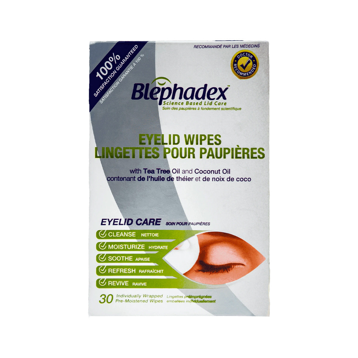 The Lunovus Blephadex Eyelid Wipes offer eye itch relief with Tea Tree and Coconut Oil. The white packaging features an eye illustration, highlighting benefits such as cleansing, moisturizing, soothing, refreshing, and reviving. Contains 30 pre-moistened wipes for a months supply.