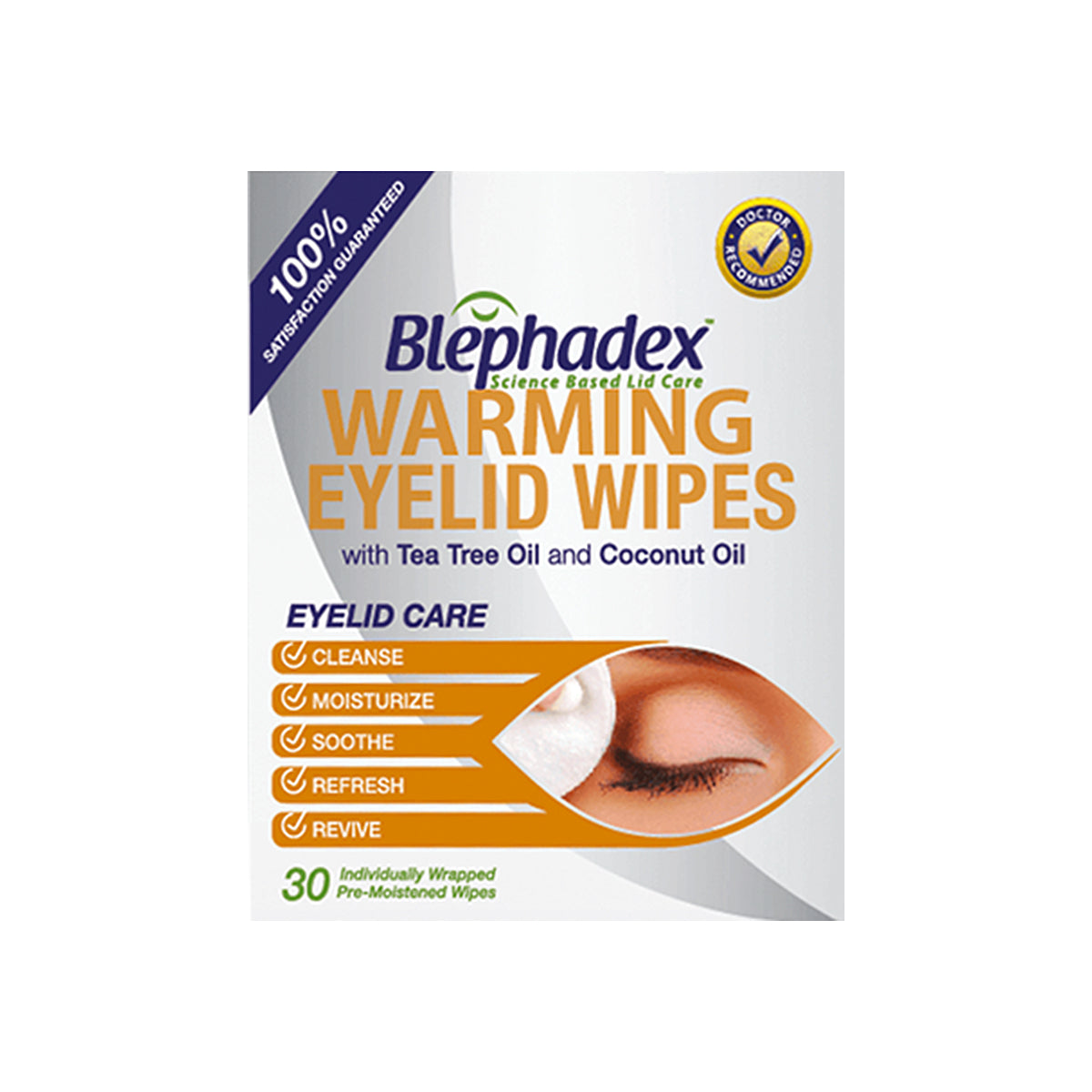 Experience superior eyelid hygiene with Blephadex Warming Eyelid Wipes by Lunovus, featuring tea tree and coconut oil. Cleanse, moisturize, soothe, refresh, and revive your eyes with 30 pre-moistened wipes in a 1-month box. Satisfaction guaranteed.