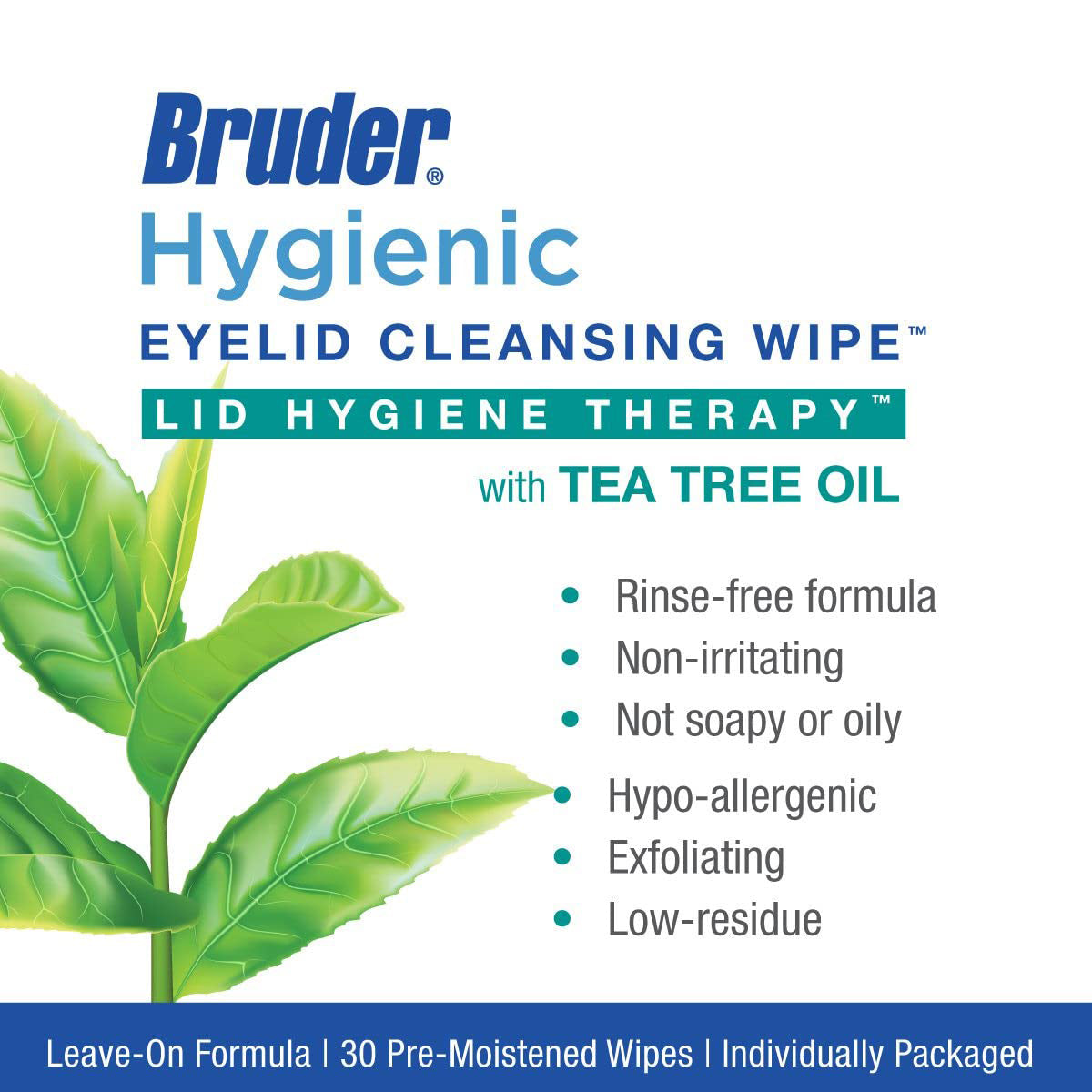 The image displays Bruder Hygienic Eyelid Cleansing Wipes with Tea Tree Oil (30ct) packaging, featuring a rinse-free, hypo-allergenic formula for eyelid hygiene. These wipes minimize ocular irritation and exfoliate with tea tree oil. The packaging includes a green leaf graphic.