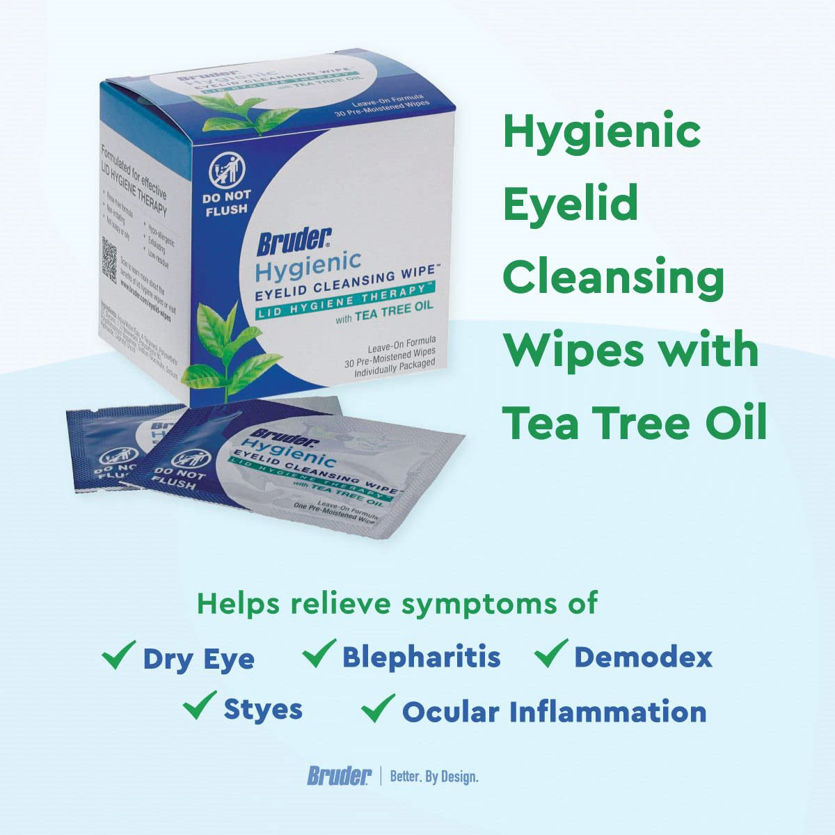 The image shows a Bruder Hygienic Eyelid Cleansing Wipes with Tea Tree Oil (30ct) box and a sachet. The text highlights its benefits for dry eye, blepharitis, demodex, styes, and ocular inflammation. These wipes boost eyelid hygiene. Warning: Do Not Flush.