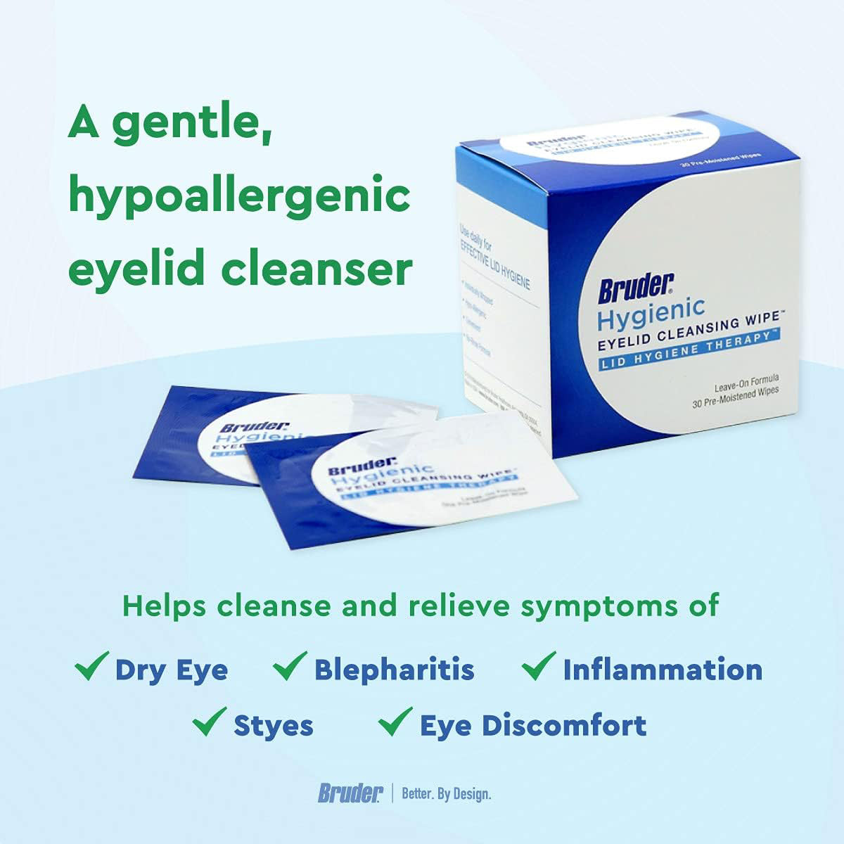 The image shows Bruder Hygienic Eyelid Cleansing Wipes in blue and white packaging, offering gentle, hypoallergenic care for ocular health. Theyre designed to relieve dry eyes and symptoms like blepharitis, inflammation, styes, and discomfort. Two of the 30 pre-moistened wipes are visible.
