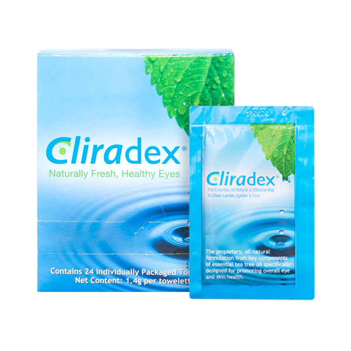 The Cliradex Wipes by PRN, featuring a green leaf design, offer 24 individually packaged towelettes infused with tea tree oil extract. These wipes promote naturally fresh and healthy eyes and are ideal for managing Demodex, emphasizing ocular hygiene with natural components.