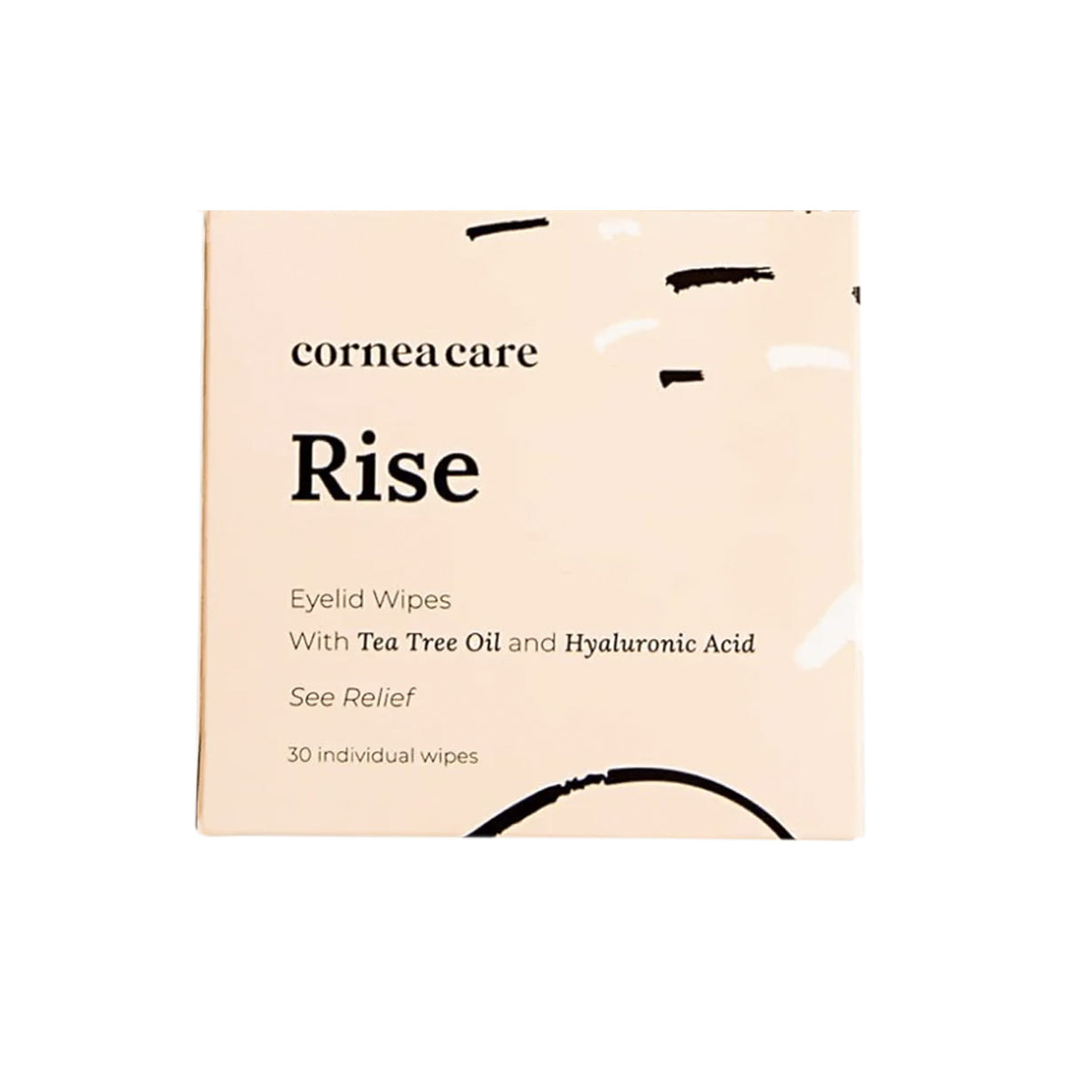 CorneaCare Wipes with Tea Tree Oil (30ct) from CorneaCare offer a soothing blend of tea tree oil and hydrating hyaluronic acid. The See Relief promise comes with 30 individually wrapped wipes, featuring black text on a calming light background.