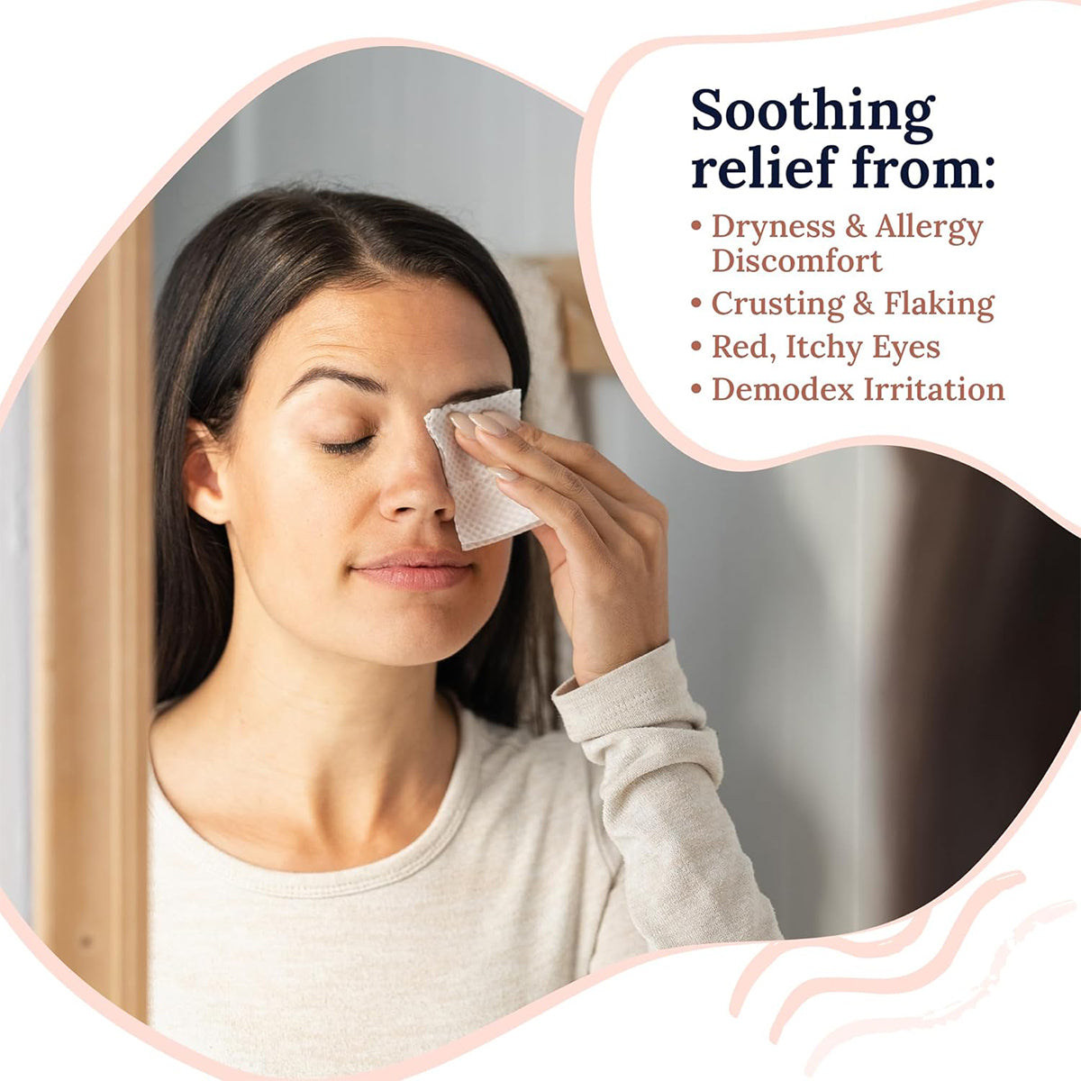 A person gently wipes their closed eye with a CorneaCare Wipe, infused with tea tree oil, indoors. Text highlights relief from dryness, allergies, crusting/flaking, red itchy eyes, and demodex irritation. Framed by a wavy border. Product: CorneaCare Wipes with Tea Tree Oil (30ct) by CorneaCare.