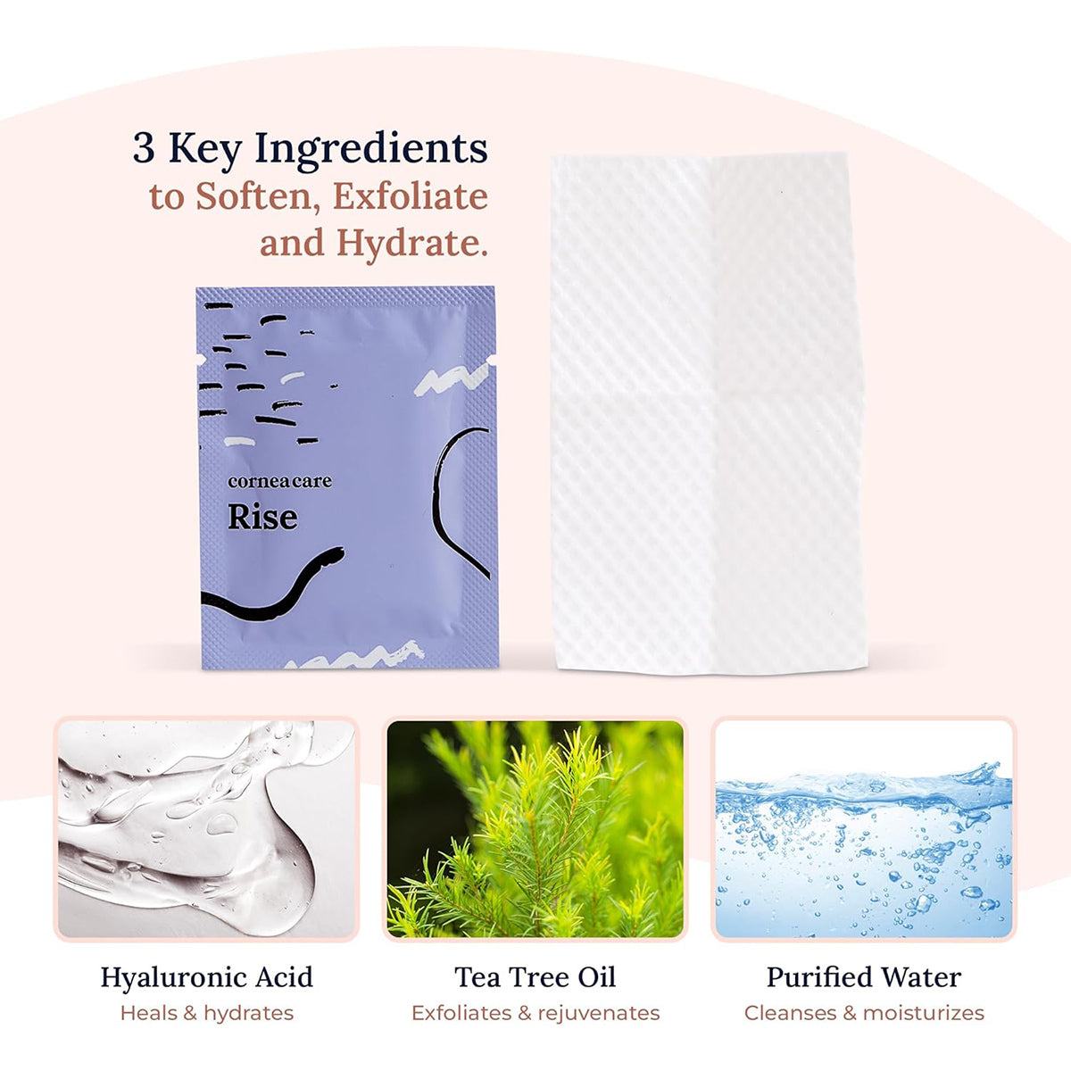 An image of CorneaCare Wipes with Tea Tree Oil (30ct) shows the packet and textured sheet, highlighting Hyaluronic Acid (heals & hydrates), Tea Tree Oil (exfoliates & rejuvenates), and Purified Water (cleanses & moisturizes).
