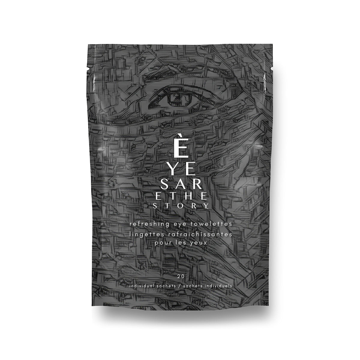 A metallic packet labeled Eyes are the Story features a stylized eye design and contains 20 refreshing towelettes with hyaluronic acid. The dual-language label in English and French promotes optimal ocular hygiene.