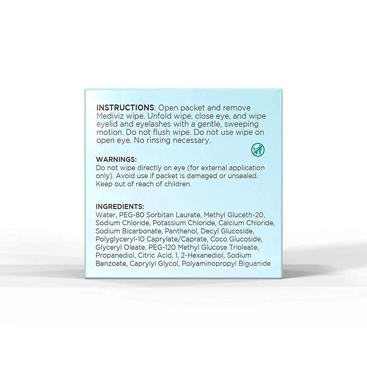 The image shows a blue packet of MediViz Eyelid Cleansing Wipes by PRN. Designed for eye cleaning and makeup removal, they warn against direct eye application. Ingredients include water, glycerin, and other chemicals promoting eye health.