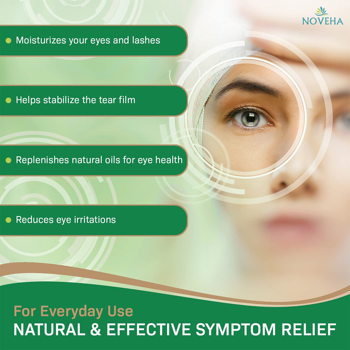 A close-up of a face with text promotes eye moisture and benefits: moisturize, stabilize tear film, replenish oils, and reduce irritations. Natural & Effective Symptom Relief is highlighted for Noveha Tea Tree & Coconut Oil Eyelid Wipes with Aloe Vera (60ct) by Noveha.