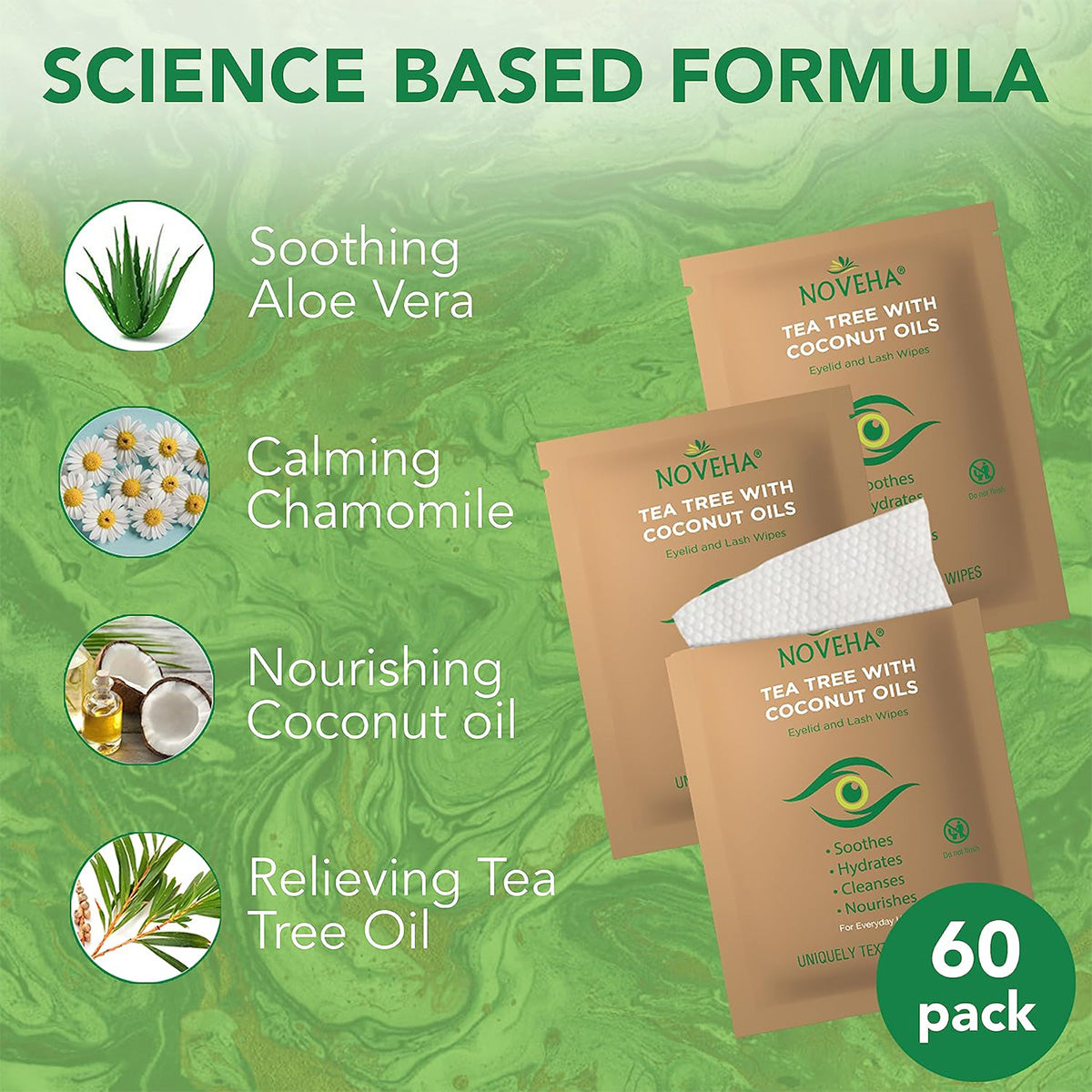 Image of two Noveha Tea Tree & Coconut Oil for Eyelid Wipes on a green marbled background, highlighting aloe vera, chamomile, coconut oil, and tea tree oil. 60 pack label included.