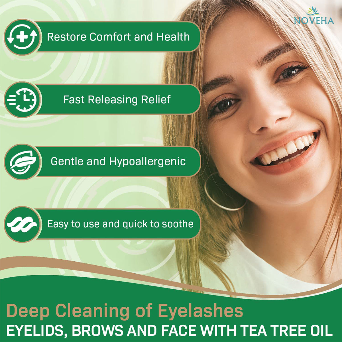 A smiling woman with long hair stands beside four text bubbles highlighting the benefits of Noveha Tea Tree & Coconut Oil for Eyelid Wipes with Aloe Vera (60ct). Text reads: Restore Comfort and Health, Fast Releasing Relief, Gentle and Hypoallergenic, Easy to use and quick to soothe. Logo: Noveha.
