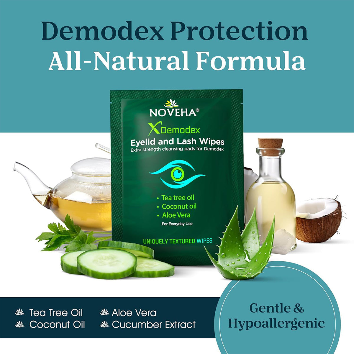 The packaging of Noveha Anti-Demodex Eyelid & Lash Wipes (60ct) features tea tree oil, coconut oil, and aloe vera images. Its text emphasizes the All-Natural Formula and Gentle & Hypoallergenic nature, making it perfect for those with Demodex concerns.