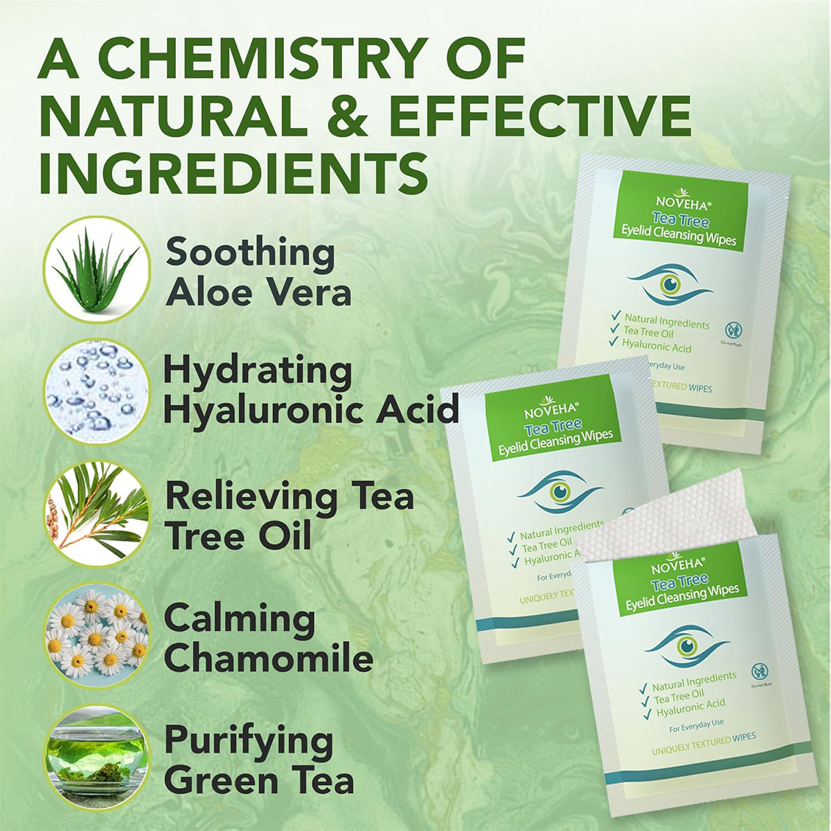 Promotional image for Noveha Tea Tree Oil Eyelid & Lash Wipes, highlighting packets enriched with aloe vera, hyaluronic acid, and tea tree oil. These wipes are ideal for ocular hygiene and provide relief from dry and itchy eyes with chamomile and green tea extracts.