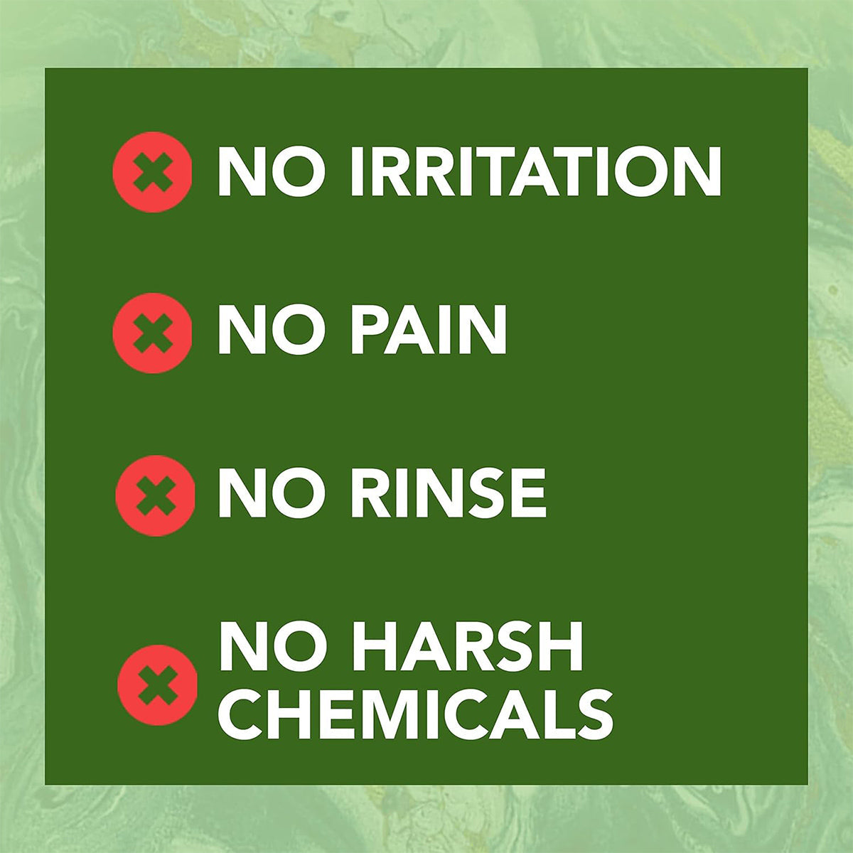 The Noveha Tea Tree Oil Eyelid & Lash Wipes packaging features a green background with white text: No irritation, No pain, No rinse, No harsh chemicals, each preceded by a red circle with a white X. Ideal for ocular hygiene.
