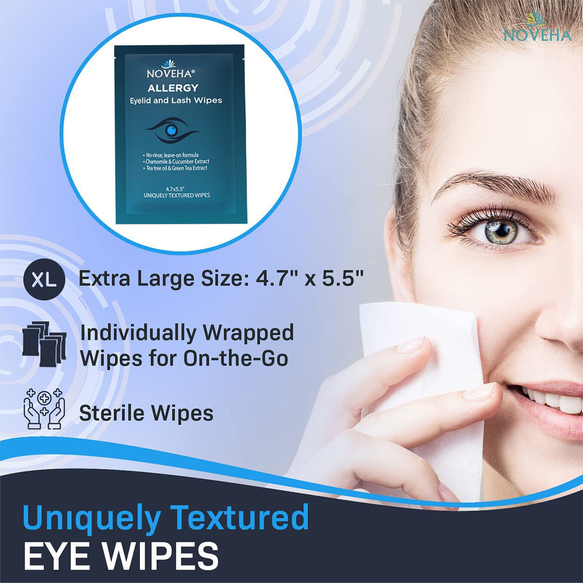 A woman smiles while holding an eye wipe to her eye. Noveha Allergy Relief Eyelid Wipes packaging is displayed, highlighting features: extra-large, individually wrapped, sterile, uniquely textured for hypoallergenic care. The color scheme is blue and white.