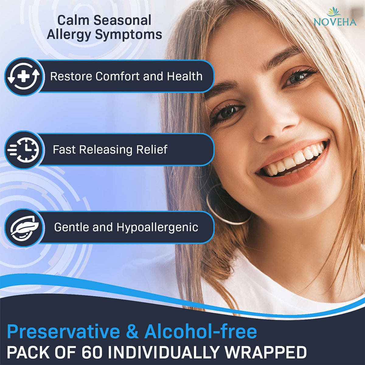 A smiling woman stands next to benefits highlighting Restore Comfort and Health, Fast Releasing Relief, and Gentle and Hypoallergenic. Caption: Novehas preservative & alcohol-free, individually wrapped eye wipes offer allergy relief with a natural formula.