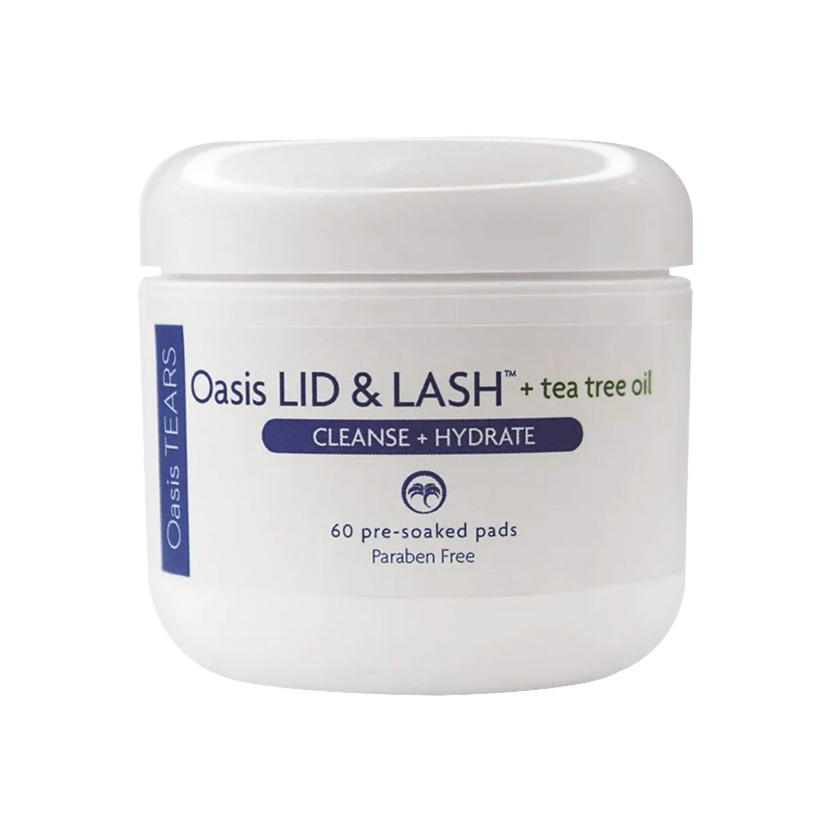 The Oasis Medical Oasis LID & LASH + Tea Tree Oil Pads, in a white container, feature 60 paraben-free pre-soaked pads for eyelid hygiene and makeup removal.