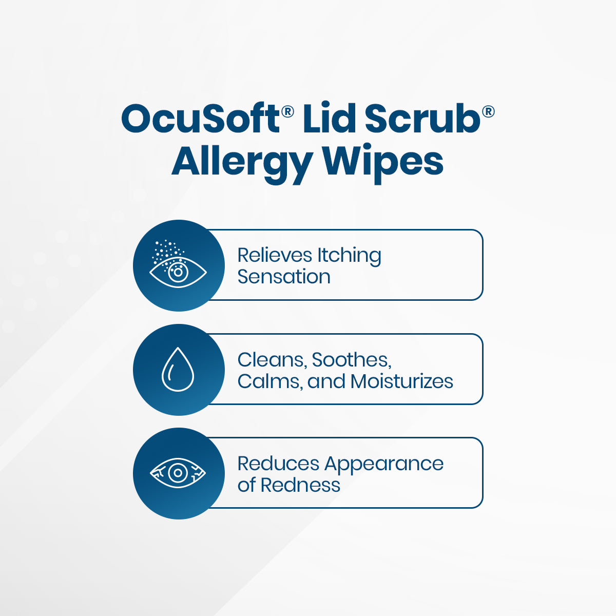 Image of a product description for Ocusoft Lid Scrub Allergy Eyelid Cleanser (30 Wipes) by OCuSOFT. This effective cleanser reduces itching and redness while it cleans, soothes, and moisturizes with green tea extract. Icons illustrate each calming benefit.