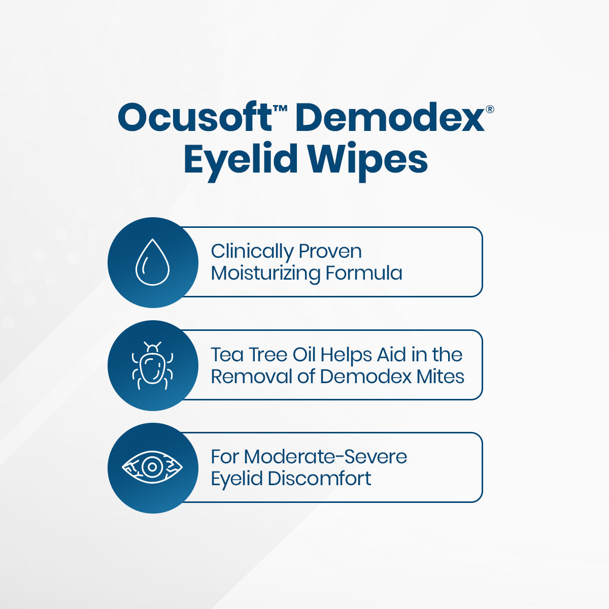 Promotional image for OCuSOFT Oust Demodex Cleanser Pre-Moistened Pads (30ct) highlights Clinically Proven Moisturizing Formula, featuring tea tree oil to aid in Demodex mite removal and an extra-strength cleanser for moderate-severe eyelid discomfort.