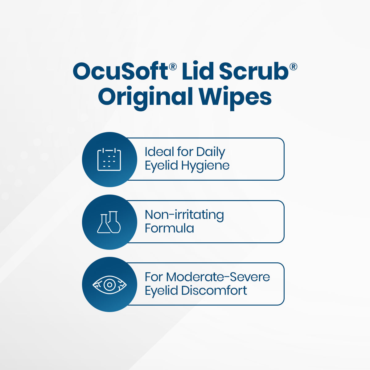 An image promoting OCuSOFT Lid Scrub Original Wipes 30ct emphasizes three features: ideal for daily eyelid hygiene, eye care professional-recommended for its non-irritating formula, and suitable for moderate to severe eyelid discomfort.