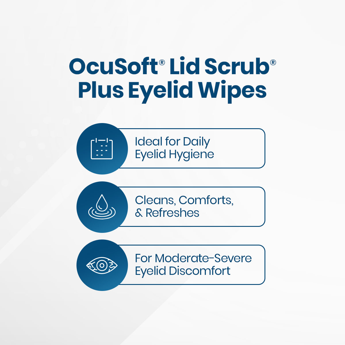 Promotional image for OCuSOFT Lid Scrub Plus 30 Pre-Moistened Pads, perfect for daily eye care. Features: top-tier pads that cleanse, comfort, refresh, and relieve moderate-to-severe eyelid discomfort.