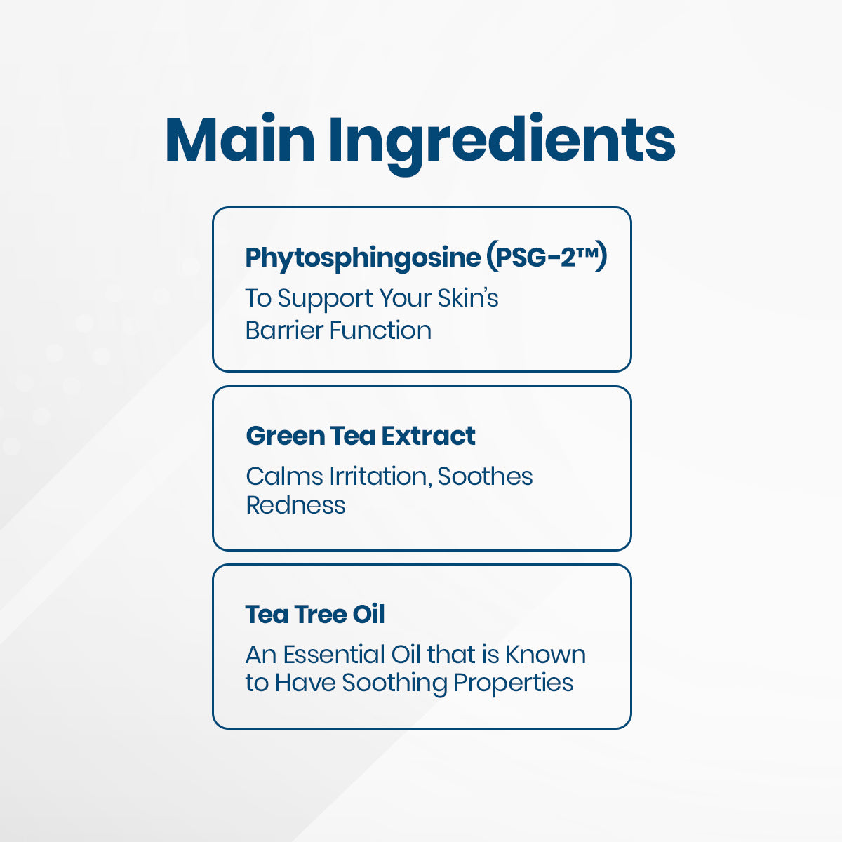 The Main Ingredients graphic on OCuSOFTs Lid Scrub Allergy Eyelid Cleanser showcases Phytosphingosine (PSG-2™) for skin barrier support, Green Tea Extract to calm irritation and soothe redness, and Tea Tree Oil for its soothing benefits—perfect for allergy relief with 30 wipes.