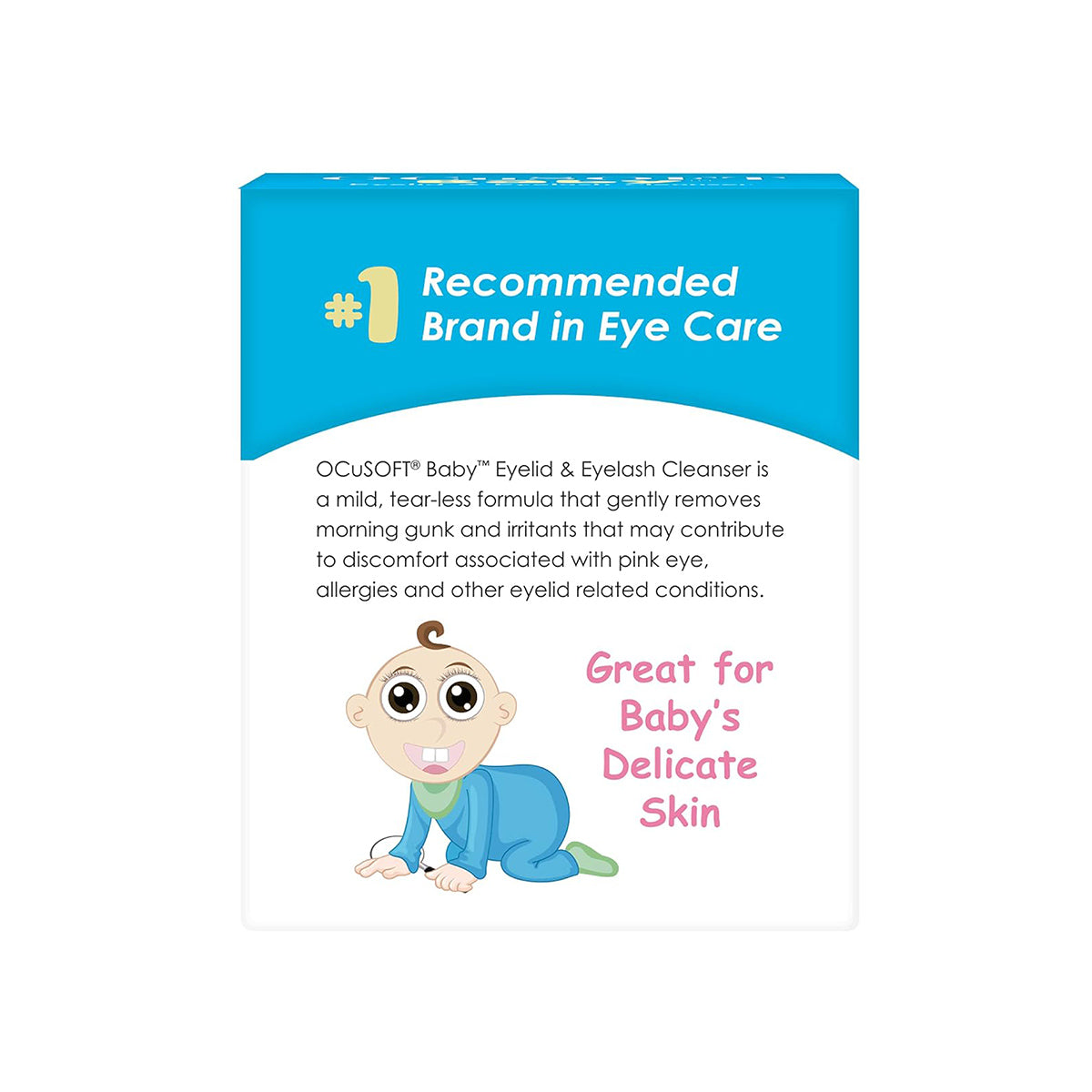 The OCUSOFT Baby Eyelid & Eyelash Cleanser (20 Wipes) box features the #1 Recommended Brand in Eye Care on a blue background. A cartoon baby with the text Great for Babys Delicate Skin highlights this tear-less formula for gentle care.