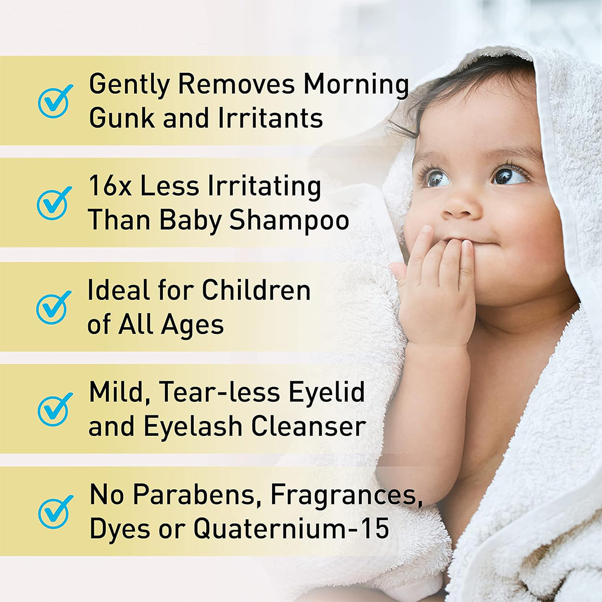 A baby wrapped in a towel sits by a window, highlighting OCuSOFT Baby Eyelid & Eyelash Cleanser (20 Wipes). It softly removes morning gunk, is 16x less irritating, perfect for all ages with its tear-less formula and free from parabens, fragrances, dyes, or Quaternium-15—perfectly nurturing from head to tiny toes.