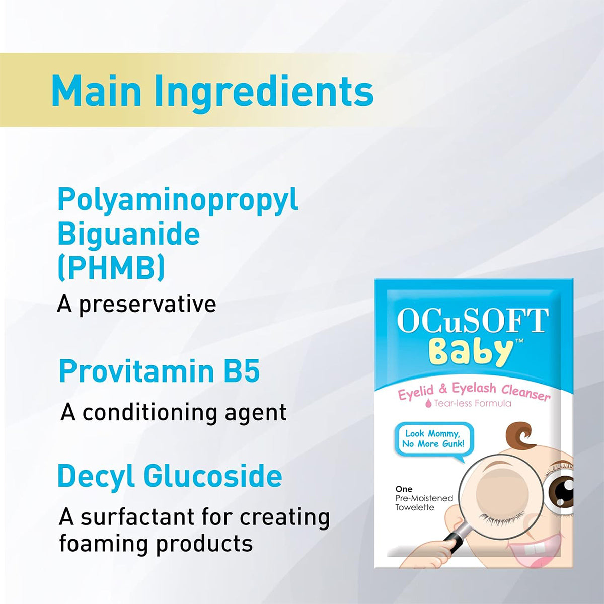 Image of OCuSOFTs Ocusoft Baby Eyelid & Eyelash Cleanser packaging with key ingredients: Polyaminopropyl Biguanide (preservative), Provitamin B5 (conditioning agent), and Decyl Glucoside (surfactant). Ideal for gentle baby care thanks to its tear-free formula.